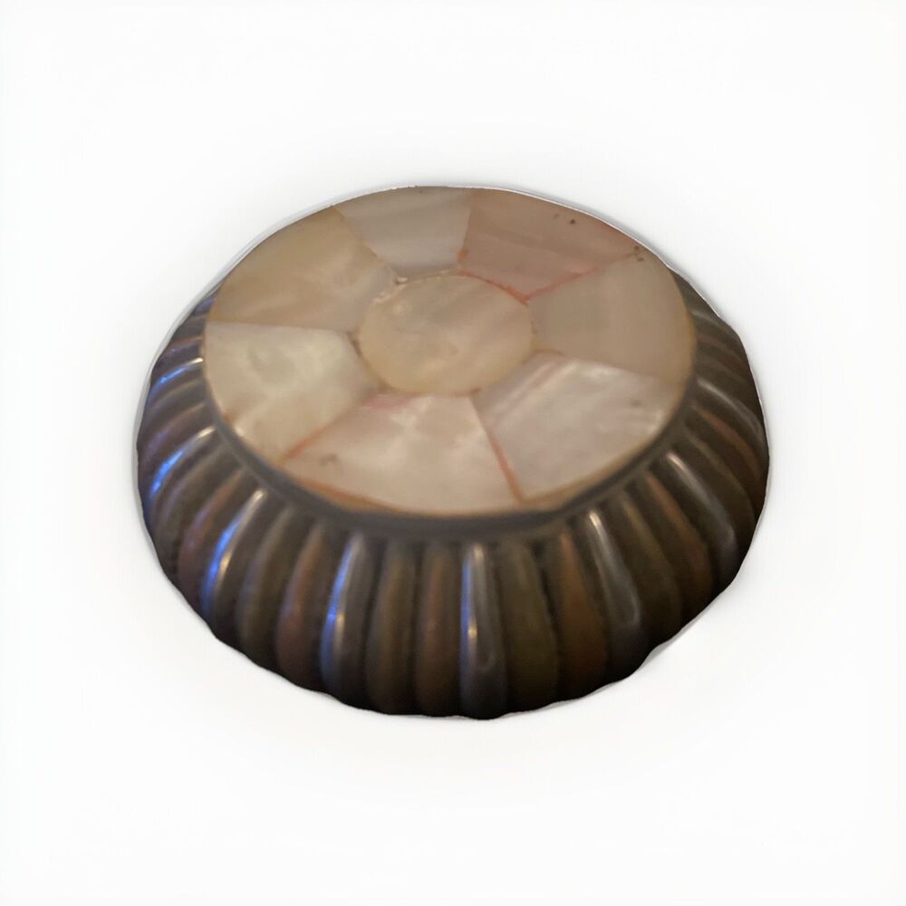 Vintage Round Ribbed Brass Indian Trinket Box - Mother of Pearl - trinket Box